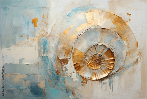 Obraz Splashes of bright paint on the canvas. Seashell. Gold, black, blue and gray colors. Interior painting. Beautiful background. Generative AI.