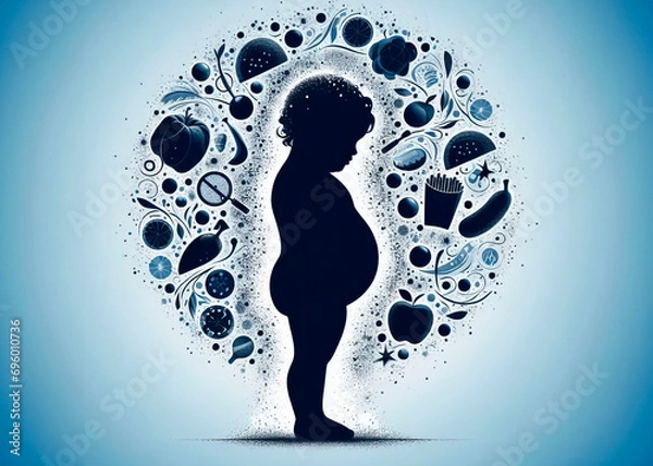 Fototapeta silhouette of a child surrounded by icons of food, technology, science, and entertainment.

