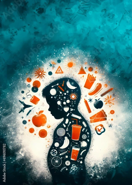 Fototapeta silhouette of a child surrounded by icons of food, technology, science, and entertainment.
