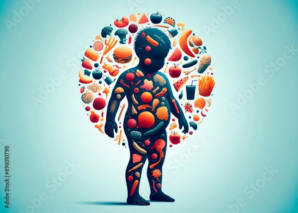 Fototapeta silhouette of a child surrounded by icons of food, technology, science, and entertainment.
