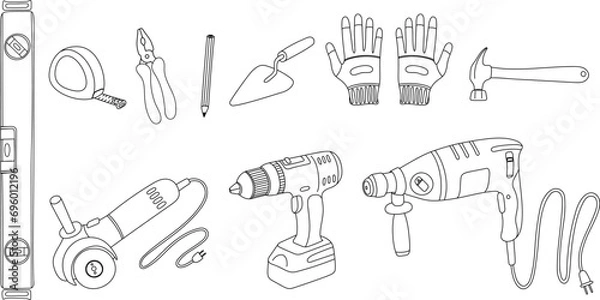 Fototapeta Set of tools for building and repair. Illustration in sketch style collection.
