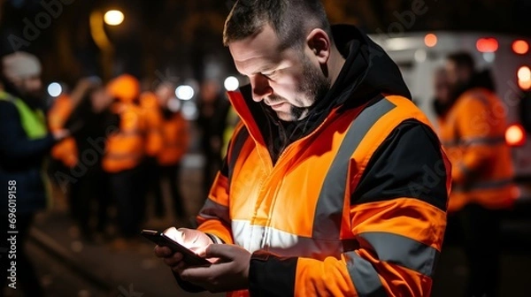Fototapeta Male worker at a construction site using a smartphone. Suitable for concepts related to construction, technology, and communication