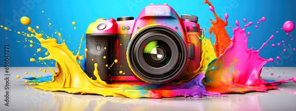 Fototapeta Bright professional digital camera in bright paint splatter on blue background