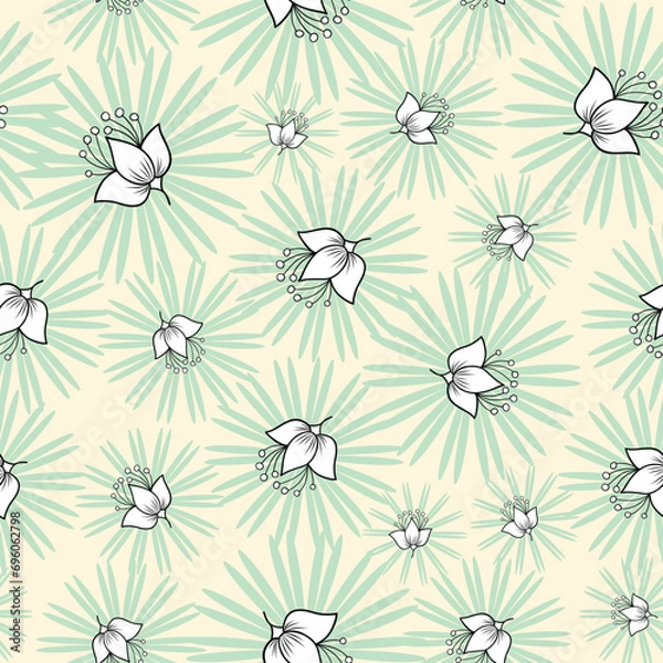 Fototapeta seamless repeat pattern with simple white floral motifs on a green sticky leaves on a yellow background perfect for fabric, scrap booking, wallpaper, gift wrap projects