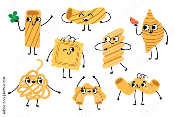 Obraz Cute pasta characters. Cartoon smiling ravioli, spaghetti, spirals, italian cuisine food, funny noodles products, happy faces, vector set.eps
