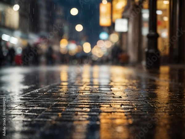 Fototapeta falling rain city lights reflected on sidewalk and street with people walking past store windows urban evening background blur