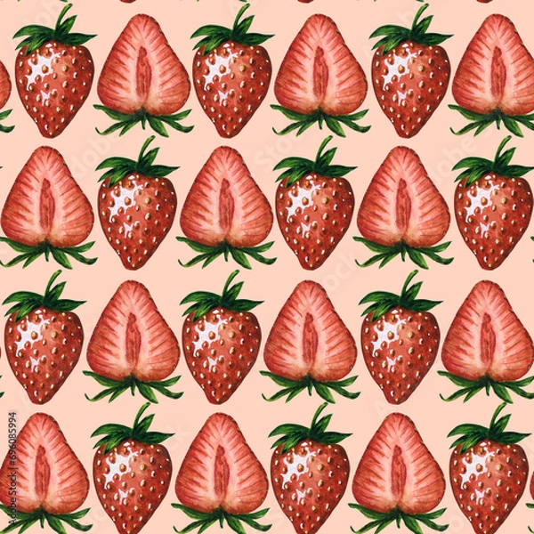 Fototapeta Seamless pattern with fresh and juicy strawberries and strawberry halves isolated on beige background, hand drawn watercolor illustration. For background, fabric and textile, postcard, packaging.