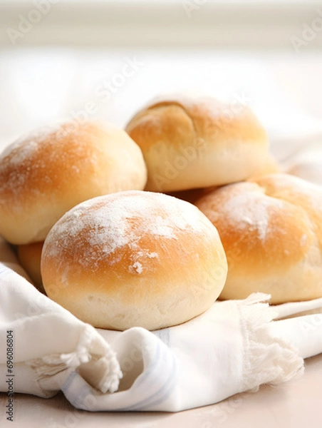 Fototapeta Close up of fresh baked dinner roll buns on a table, blurry bright background