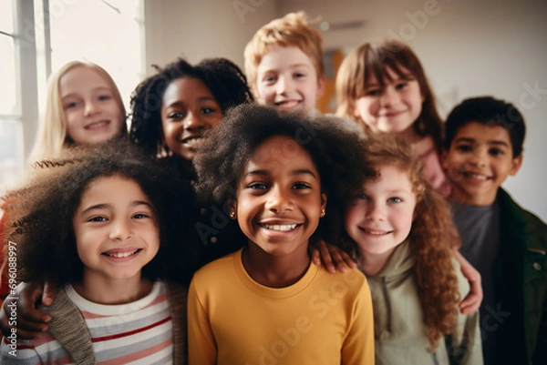 Obraz Close-up portrait of a group of interracial children of different ages standing together and laughing in a bright room with large windows, generated ai