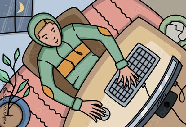 Fototapeta Illustration of young boy in the middle of night which play games on computer in his bedroom