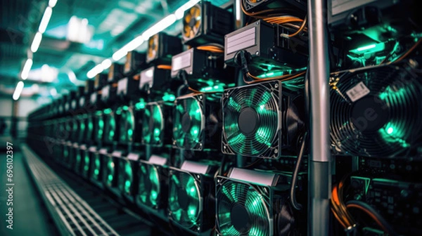 Fototapeta Bitcoin and crypto mining farm. Big data center. High tech server computers at work in green lighting