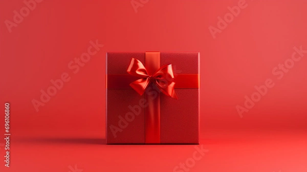 Fototapeta Cadeau rouge sur fond rouge. Espace vide de composition. Ambiance chaleureuse. Saint-Valentin, Noël, anniversaire. Plaisir, offrir. Arrière-plan pour conception et création graphique.