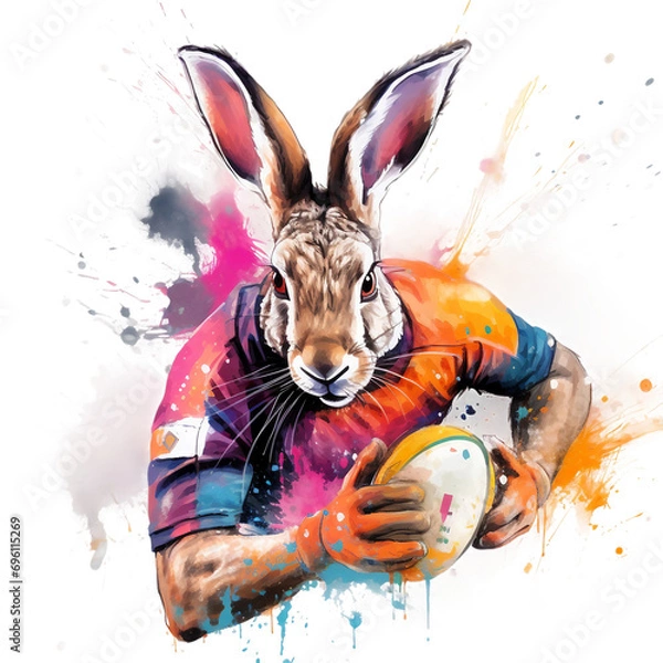Fototapeta Hare rugby player style image, bright image, watercolour style on white background , watercolor rabbit, isolated on a white background 
