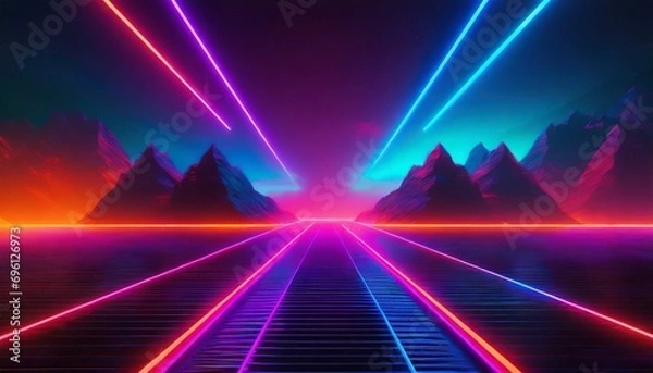 Obraz Synthwave retro cyberpunk style landscape background banner or wallpaper. 