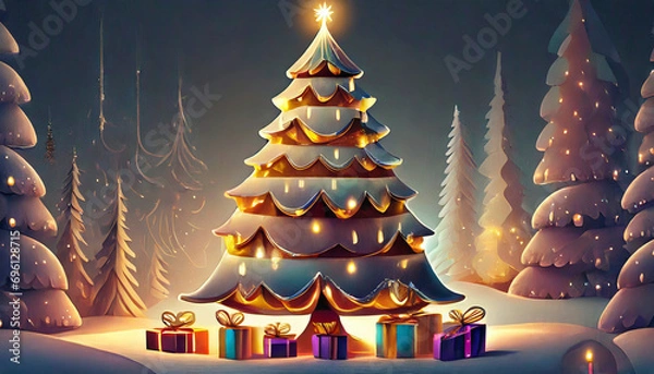 Fototapeta Farbenfrohe Weihnachtsbaum oder Christbaum mit Kerzen  und Geschenken in einer Winterlandschaft,, KI generiert