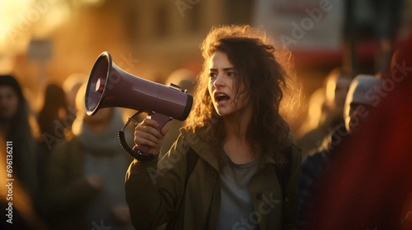 Fototapeta Angry female activist shouts protest over unfair treatment against her in the evening light, with several other protesters surrounding her.