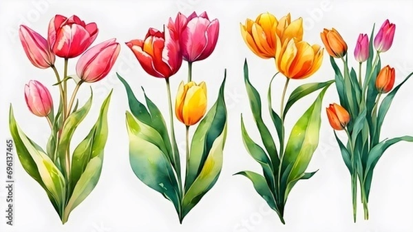 Fototapeta Set of Separate parts and bring together to beautiful bouquet of flowers in water colors style on white background, flat vector illustration