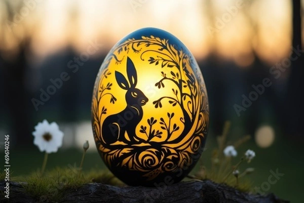 Fototapeta silhouette of bunny surrounded by colorful Easter eggs. futuristic background. Generative AI