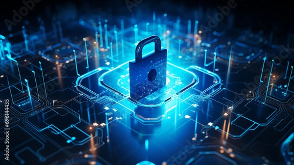 Obraz cybersecurity concept, electronic circuit board with processor, blockchain technology