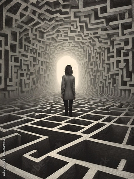 Fototapeta A woman gazing into the depths of a labyrinthine space