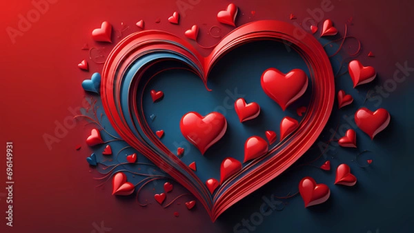 Fototapeta Love Romantic Valentine's day Wallpaper with red and blue silhouette of a giant 3D heart, from which red and blue hearts emerge and grow