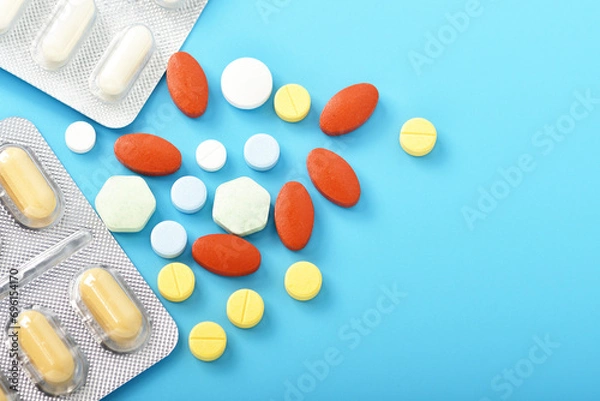 Obraz Top view of closeup healthcare and medicine, free space for designer.