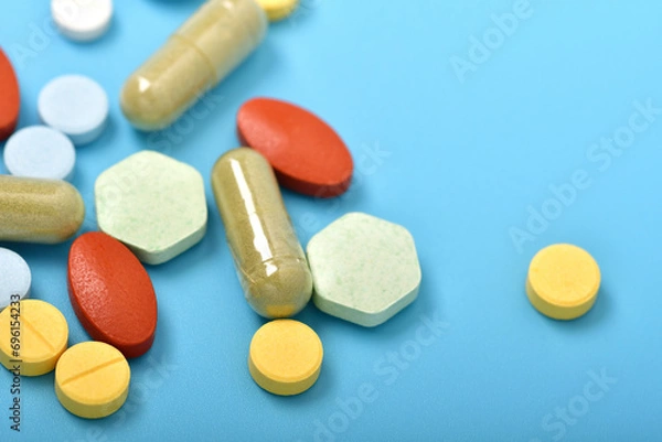 Obraz Top view of closeup healthcare and medicine, free space for designer.