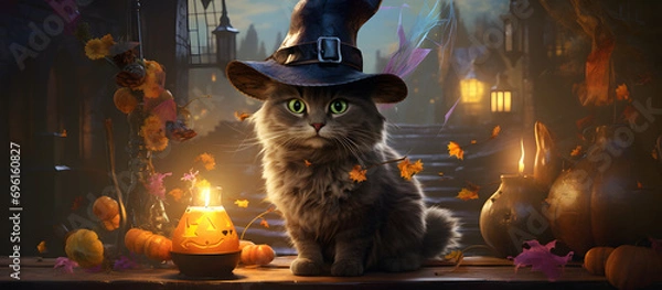 Obraz A delightful Halloween-themed image featuring a cat dressed as a wizard. Generative AI