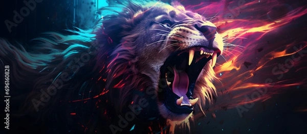 Fototapeta A dynamic digital illustration capturing the intense roar of a lion. Generative AI