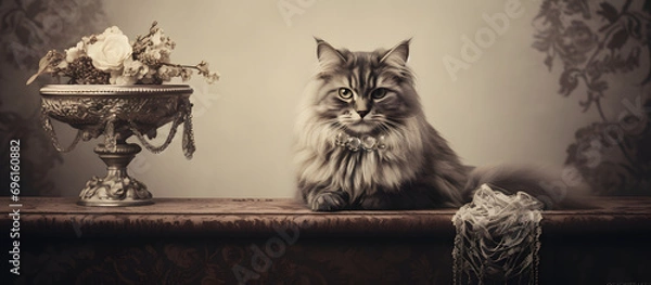 Fototapeta A nostalgic sepia-toned photograph of a cat posed in a vintage-inspired setting, capturing the timeless elegance and charm of feline companionship. Generative AI