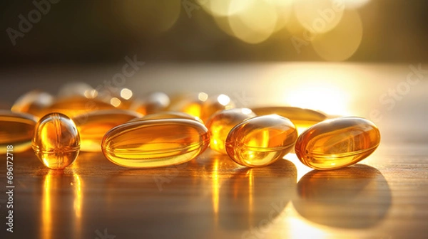 Fototapeta vitamin capsule granules. A collection of packaged fish oil capsules, healthy omega 3 oil capsules photographed under the spotlight from above. Generative AI