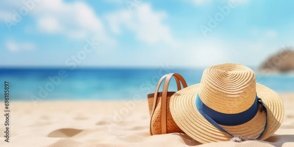 Fototapeta A straw hat, and sunglasses resting on a tropical beach, ready for a day of relaxation Golden sand meets the tranquil blue sea, creating a summer beach backdrop with sunlights shimmering.
