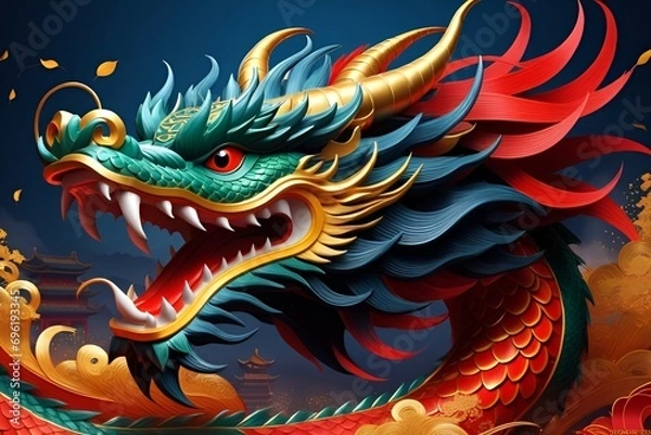 Fototapeta Happy chinese new year 2024 the dragon zodiac sign with flower,lantern,asian elements gold paper cut style on color background.