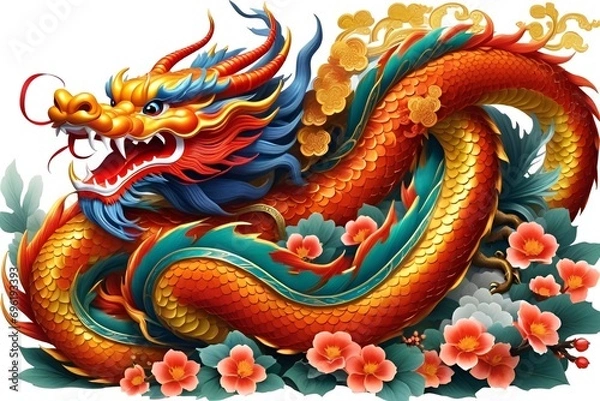 Fototapeta Happy chinese new year 2024 the dragon zodiac sign with flower,lantern,asian elements gold paper cut style on color background.