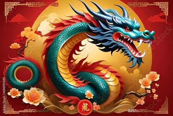 Fototapeta Happy chinese new year 2024 the dragon zodiac sign with flower,lantern,asian elements gold paper cut style on color background.