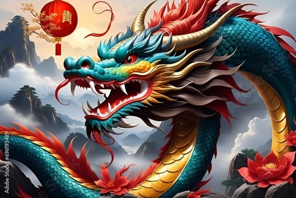 Fototapeta Happy chinese new year 2024 the dragon zodiac sign with flower,lantern,asian elements gold paper cut style on color background.