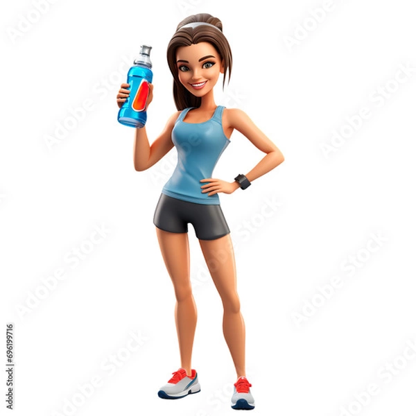 Fototapeta 3d cartoon character a young sporty woman standing smiling holding a water bottle in her hand, digital illustration