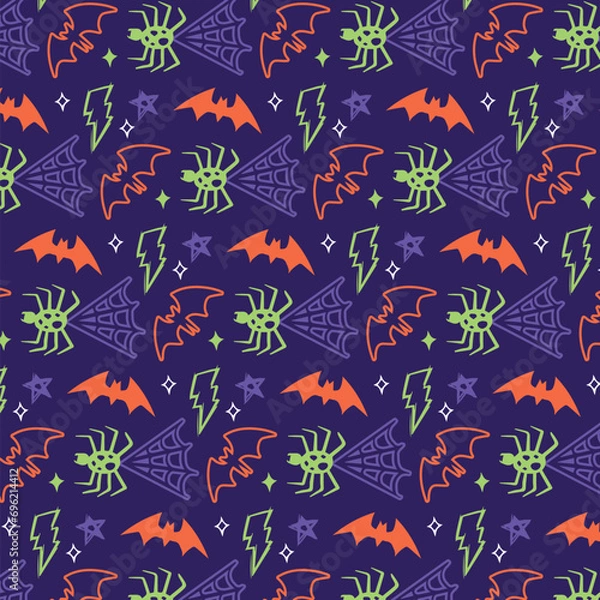 Fototapeta Hand drawn cute halloween trick or treatspider web abd bat seamless pattern background