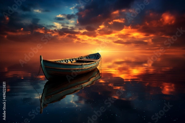 Obraz 夕日が沈む湖に浮かぶ小さなボート