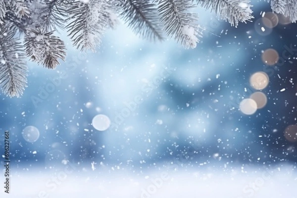 Fototapeta Winter background image branches snow bokeh chirstmas background.
