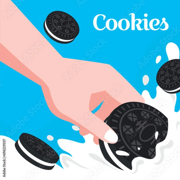 Obraz Cookies sandwich chocolate with milk in cartoon flat illustration in blue background
