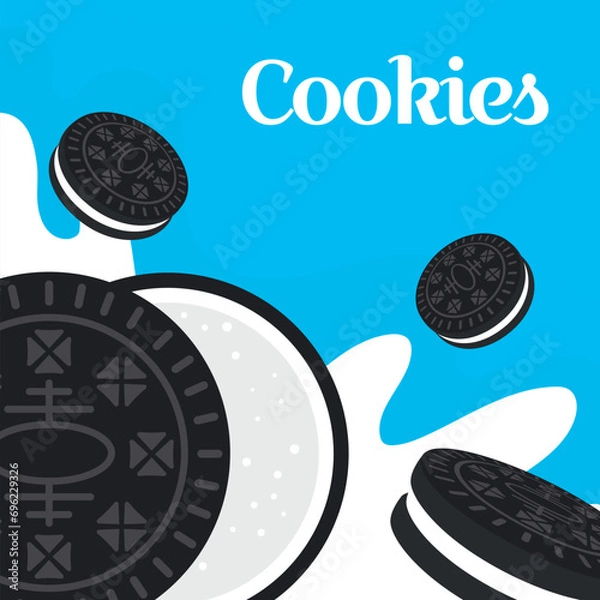 Obraz Cookies sandwich chocolate with milk in cartoon flat illustration in blue background