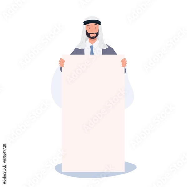 Fototapeta Confident Arabic Businessman Presenting Message, Holding Blank Signboard for Corporate Marketing