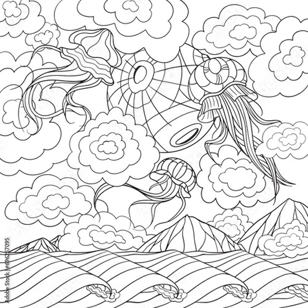 Obraz Jellyfish in the sky line art design.
