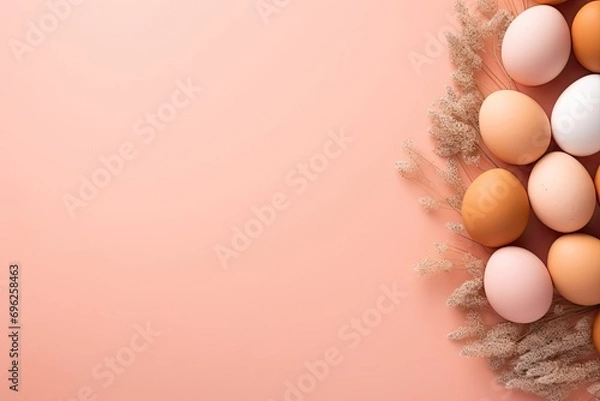 Fototapeta Happy Easter composition. Easter eggs on peach fuzz color background natural dyed colorful eggs top view with copy space