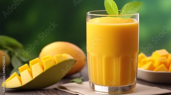 Fototapeta Mango smoothie in a glass Mason jar and mango on a green background. Mango shake. Generative AI