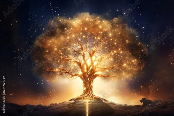 Fototapeta Golden Glowing Tree of Life in Cosmic Space Background