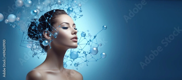 Obraz Close-up portrait of woman with molecular structure of facial serum on blue background. Copy space, banner. Advertising style