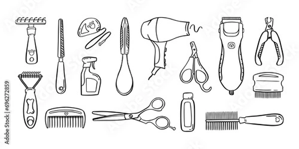 Obraz Pet grooming set. Salon for animals. Doodle style animal and character hand drawn. Vector illustration.