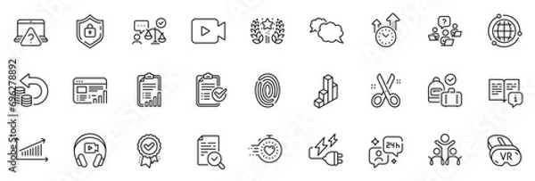Fototapeta Icons pack as Globe, Cut and Ranking line icons for app include Electricity plug, Time management, Timer outline thin icon web set. Messenger, Fingerprint, Web report pictogram. Vr. Vector